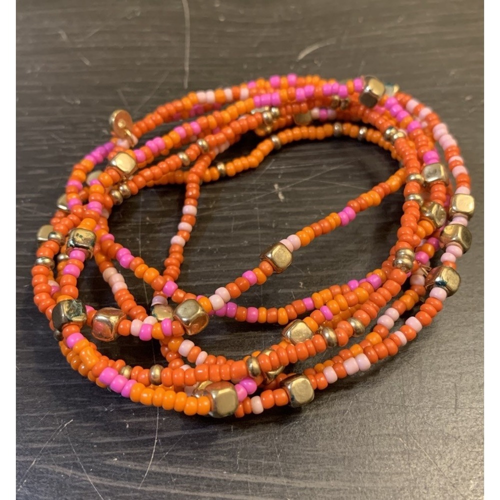 Beaded Stretch Bracelet Gold Pink Orange Tones Boho Fall Jewelry 7 Bands